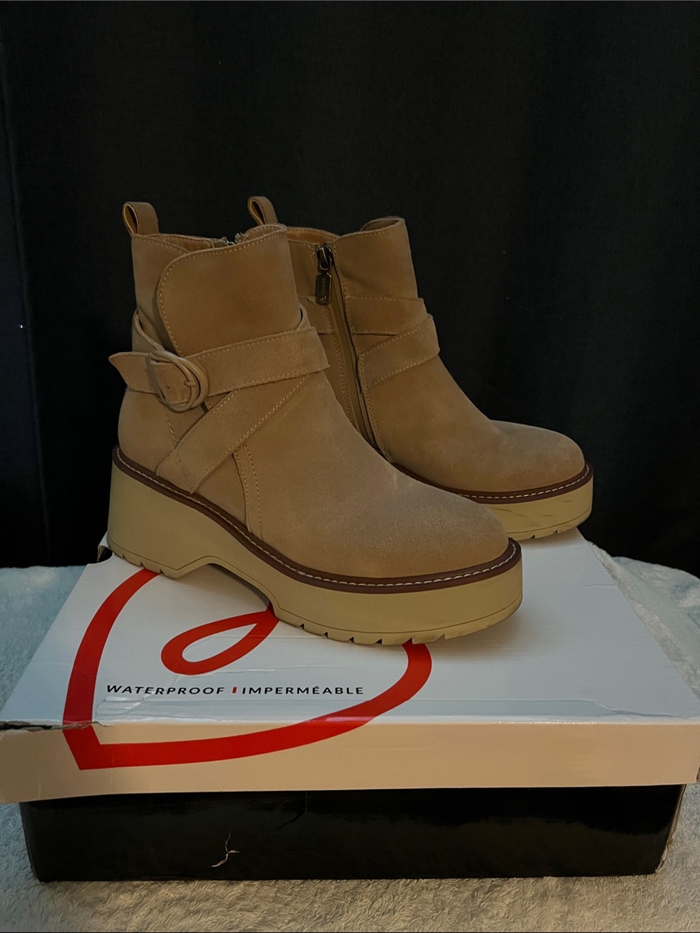 Blondo Tan Suede Lug-Sole Ankle Boots with Buckle Strap